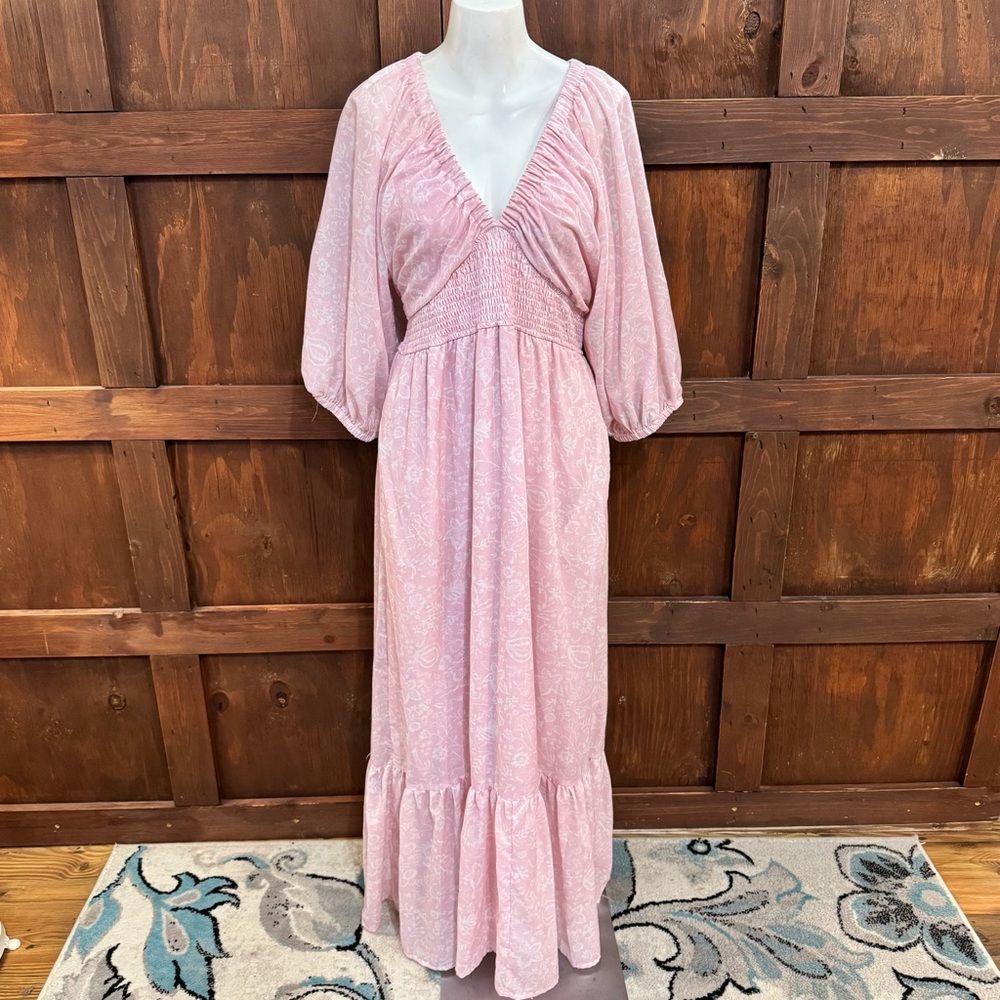 Wishlist Light Pink V-Neck Maxi Dress with Balloon Sleeves
